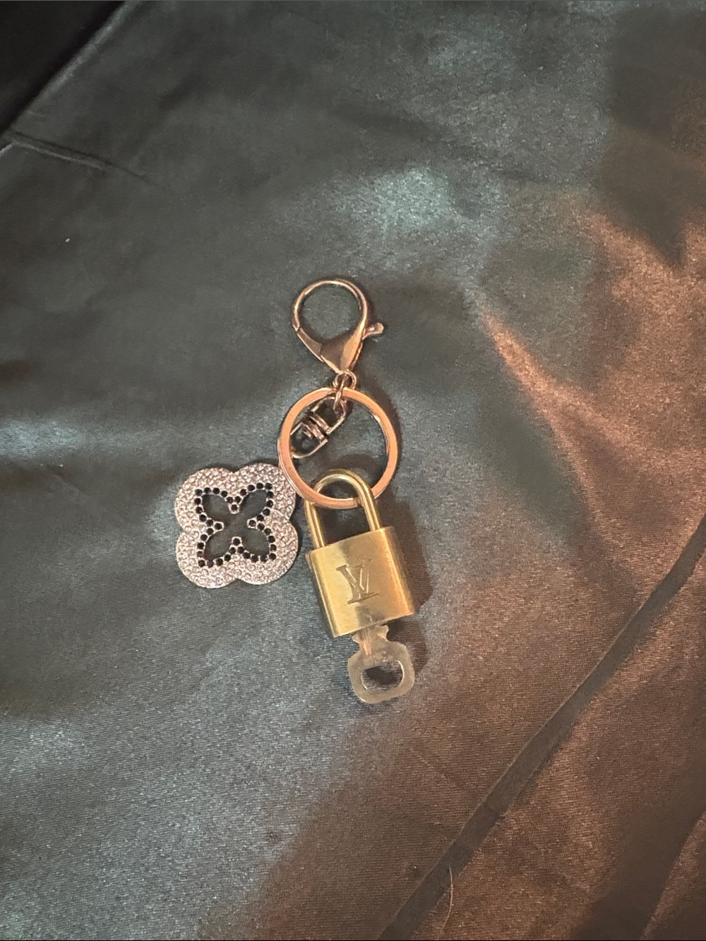 Louis Vuitton Gold and Silver Padlock Key Charm with Crystal Flower